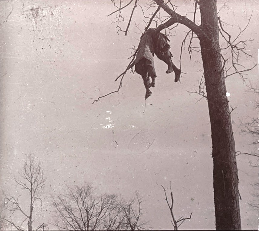 Cadavre de soldatdans un arbre. Collection de plaques de verre stéréoscopiques de Maurice Brun, 89e RI. Sans date. Archives nationales, 700AP/13/PA_341/1