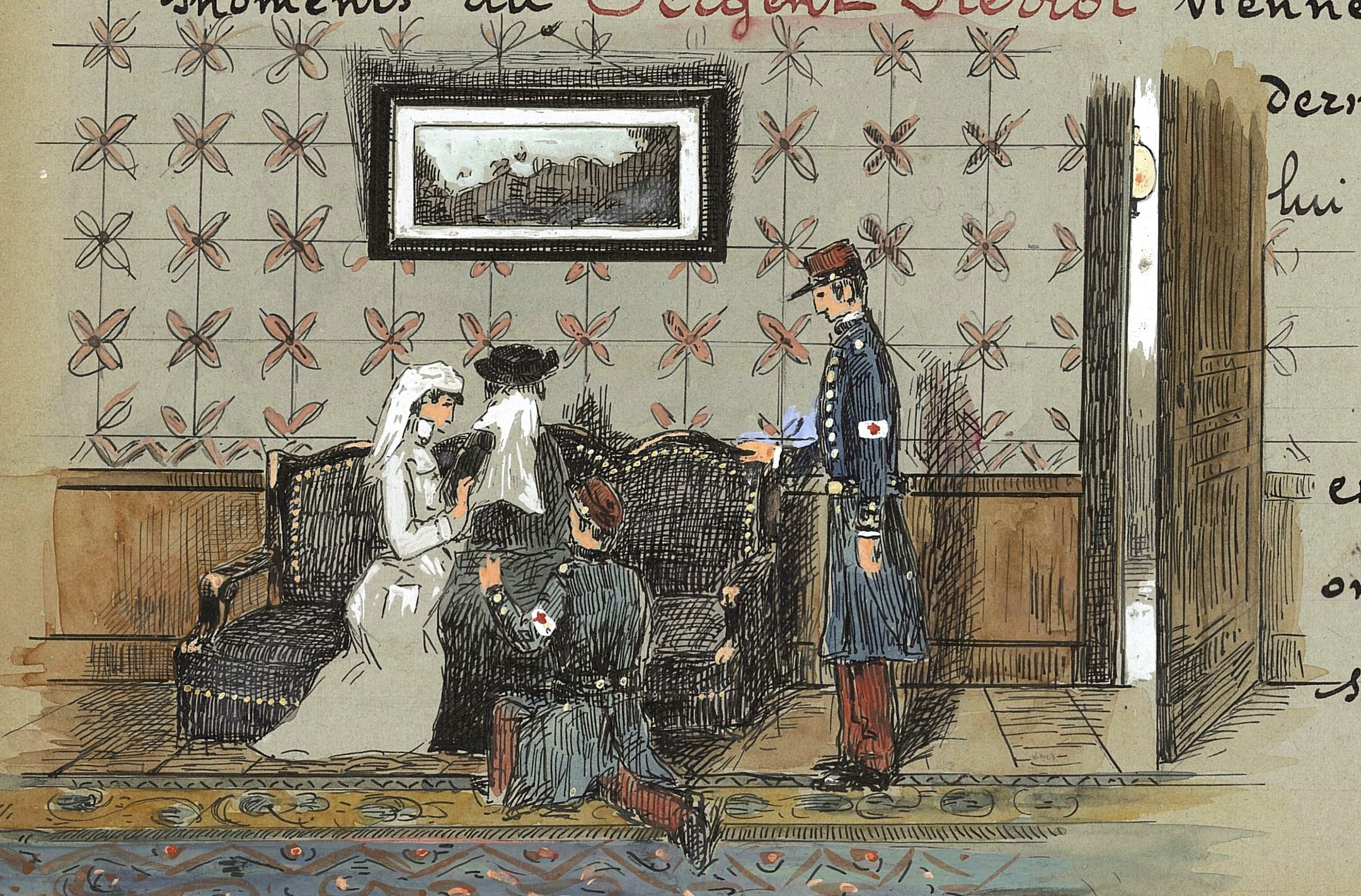 Mme Pierrot apprend la mort de son mari, le sergent Edme Pierrot, 42e RI, à l’hôpital du Panthéon, le 11 octobre 1914. « Les deux
familles. En souvenir du sergent Edmond Pierrot, mort pour la patrie », album manuscrit illustré par Henri Lecomte, 24e R. d'Infirmiers militaires. Décembre 1915. Archives nationales, 700AP/1/PA_022