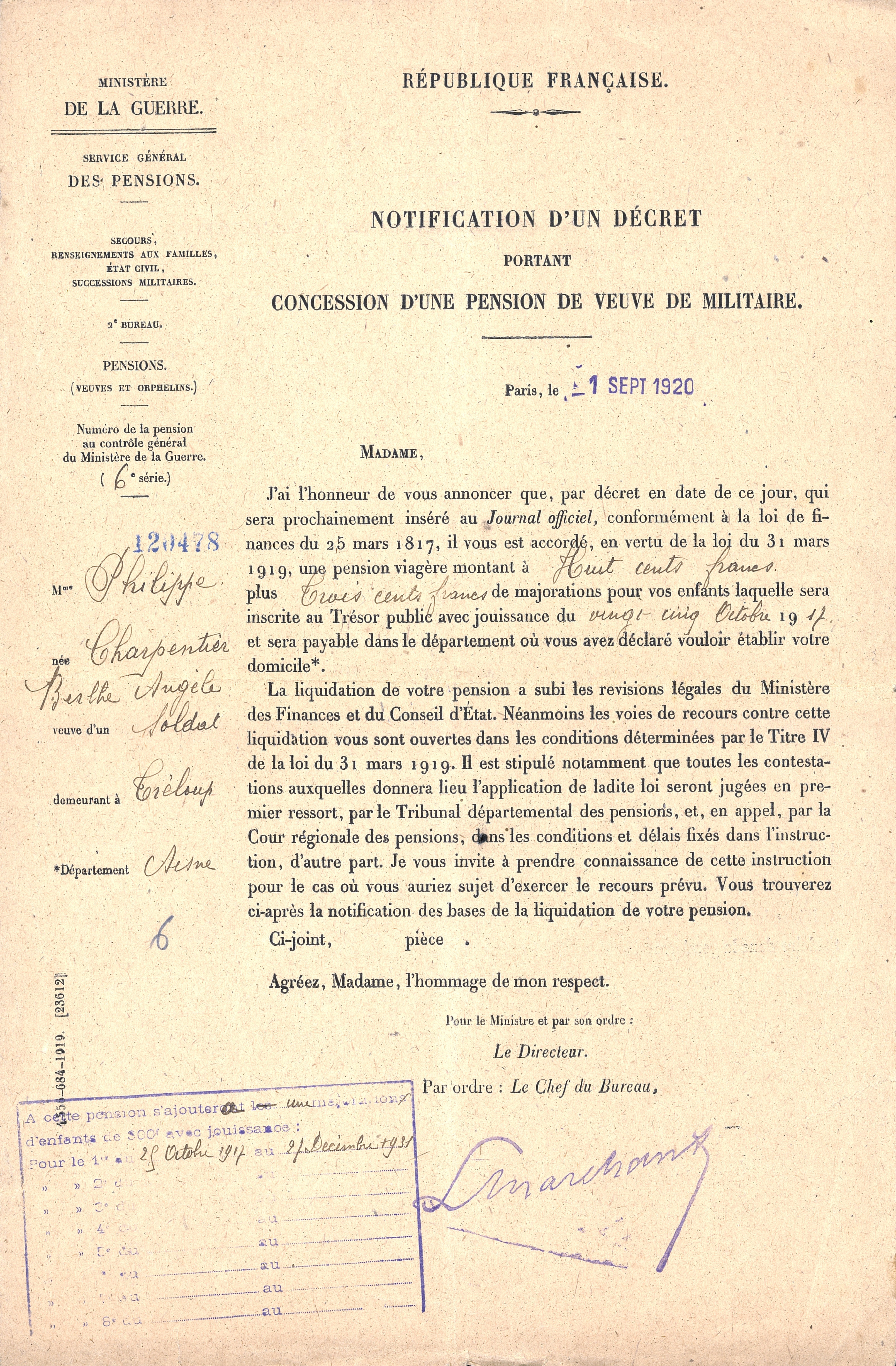Attribution d’une pension de veuve de guerre à Berthe Philippe, née Charpentier, habitant Tréloup-sur-Marne (Aisne). 21 septembre 1920. Archives nationales, 700AP/12/PA_287