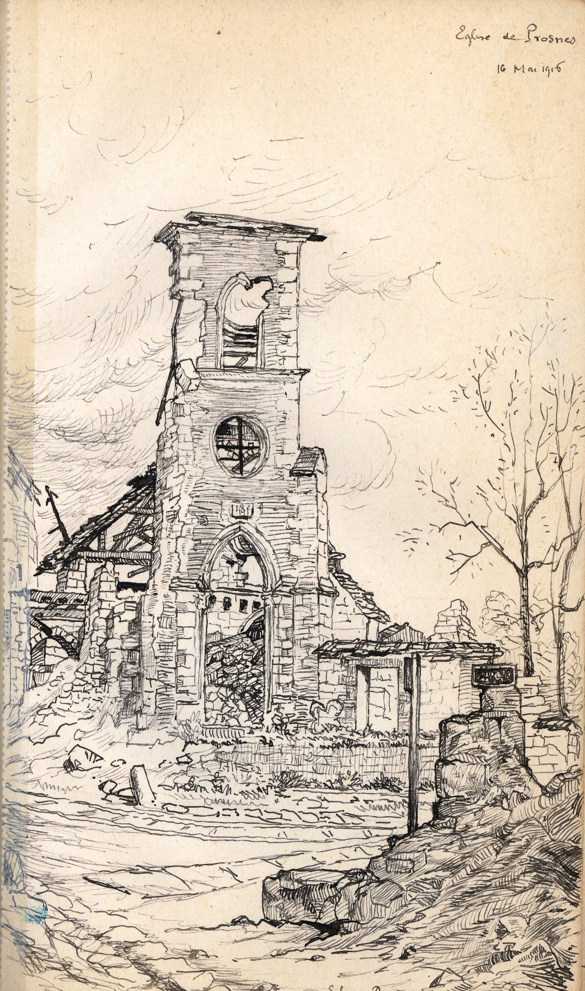 Église de Prosnes (Marne) en ruines. Carnet de dessins de Paul Auguste Diffloth, 48e Hussards. 1916. Archives nationales, 700AP/14/PA_343