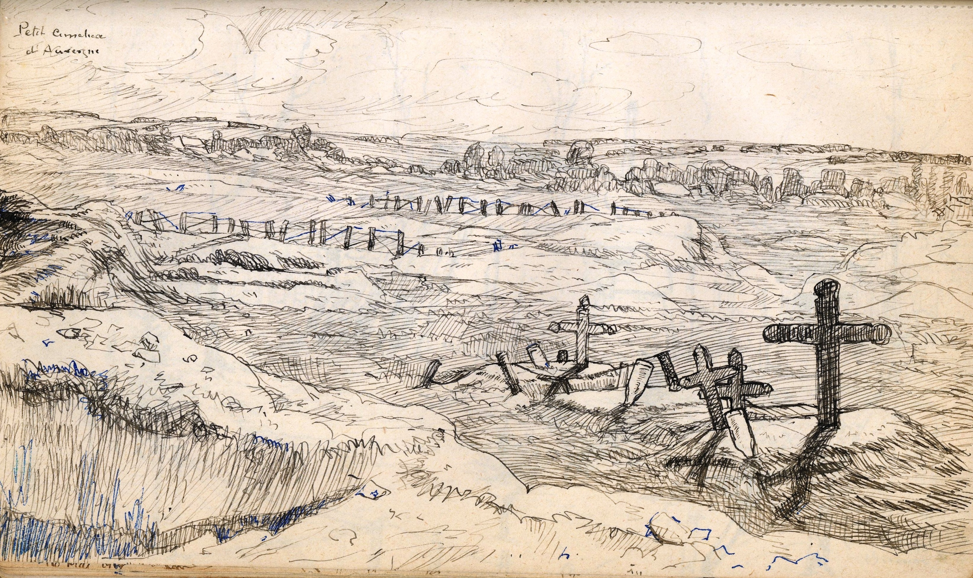 Paysage dévasté avec barbelés et croix. Carnet de dessins de Paul Auguste Diffloth, 48e Hussards. Vers 1916. Archives nationales, 700AP/14/PA_343