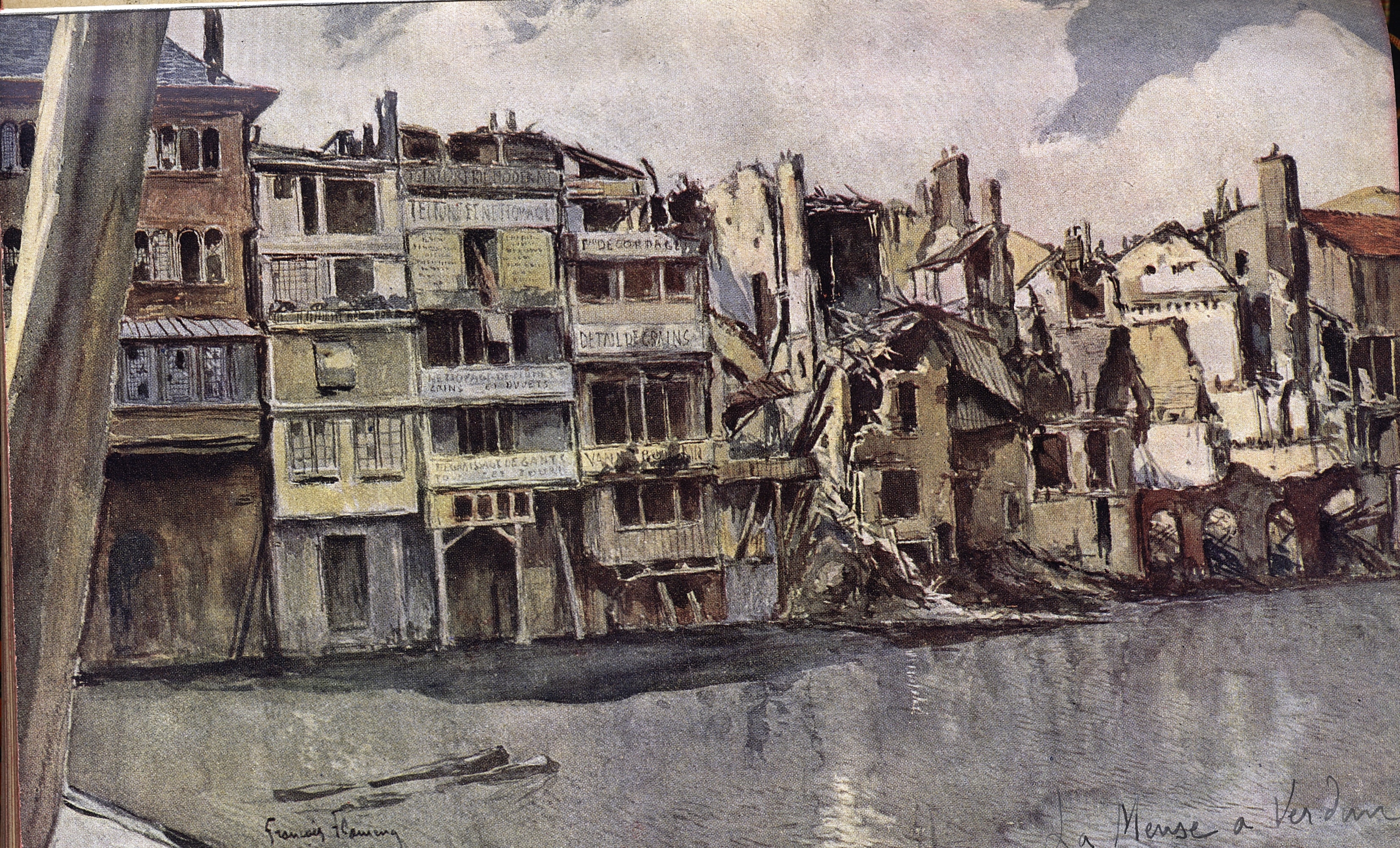 Maisons à Verdun (Meuse) détruites par les bombardements. Dessin de François Flameng dans le carnet de « Souvenirs de campagne, 8 mai 1915-5 mai 1917 », de Roger Marie-Joseph Le Moing. Juin 1916. Archives nationales, 700AP/14/PA_344