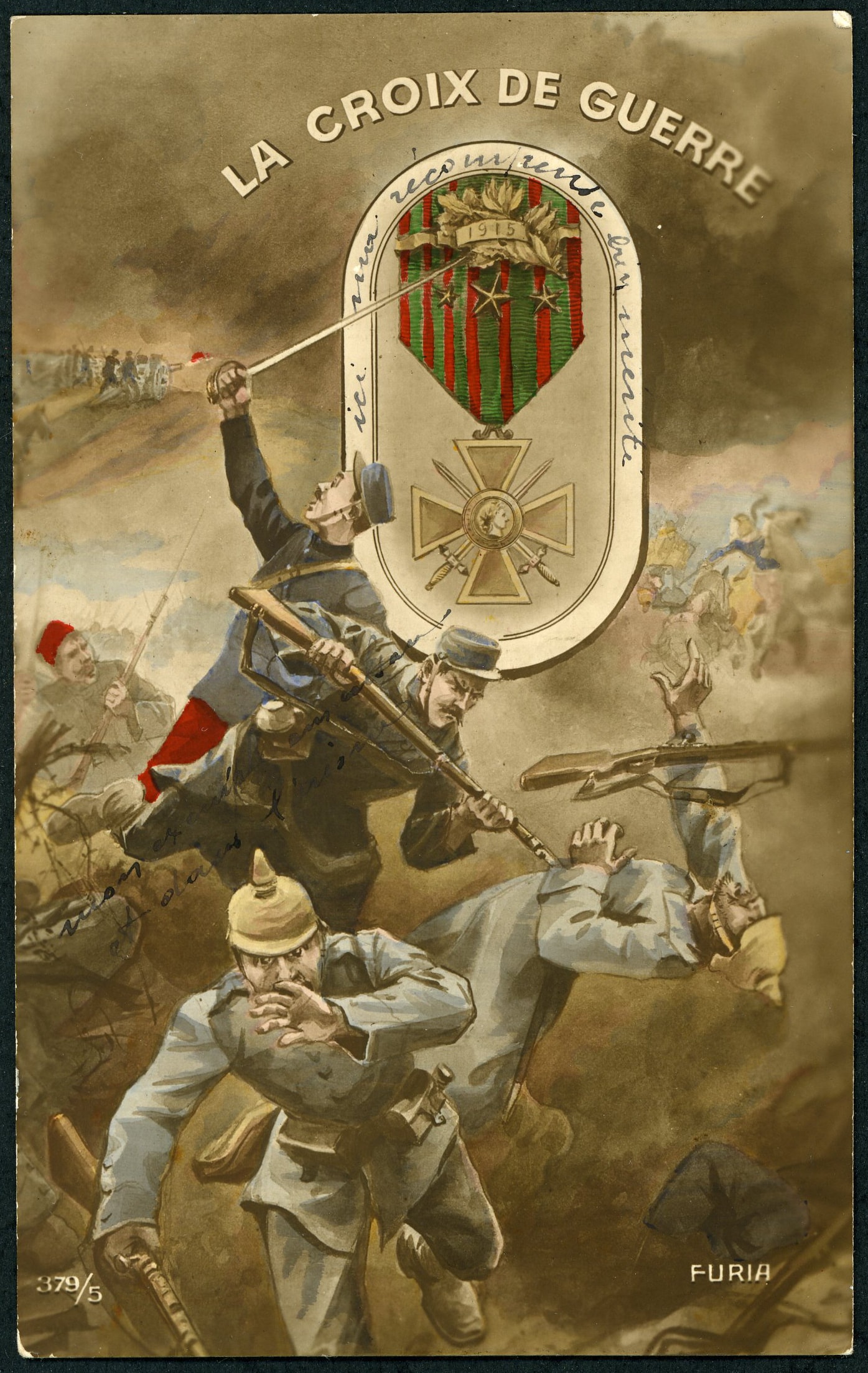 « La croix de guerre » : « ici ma récompense bien méritée ». Carte postale d'Émile Garret, 120e RA, envoyée le 12 mars 1916. Archives nationales, 700AP/10/PA_231