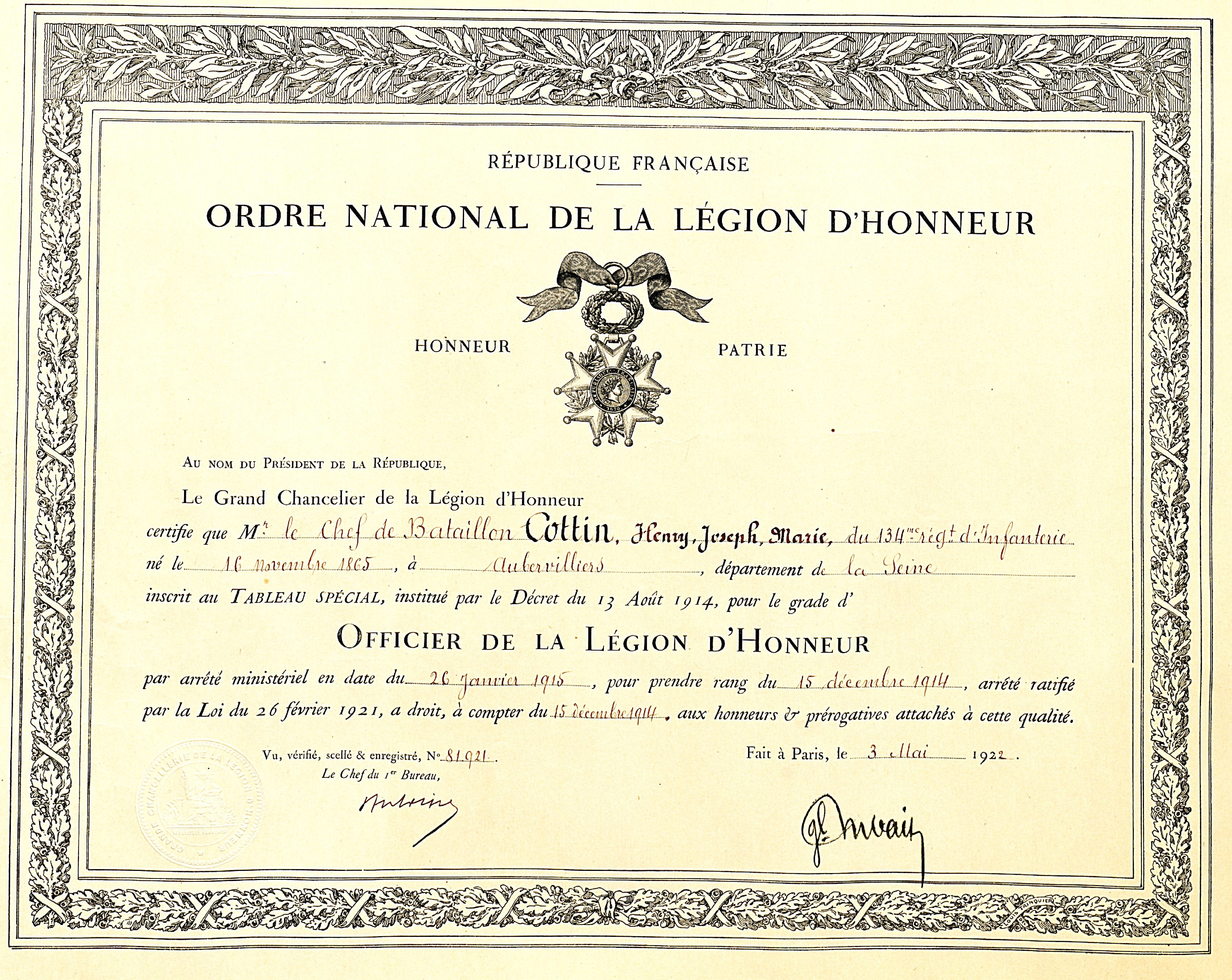 Diplôme de légion d’honneur d’Henri Cottin, 134e RI. 3 mai 1922. Archives nationales, 700AP/3/PA_052