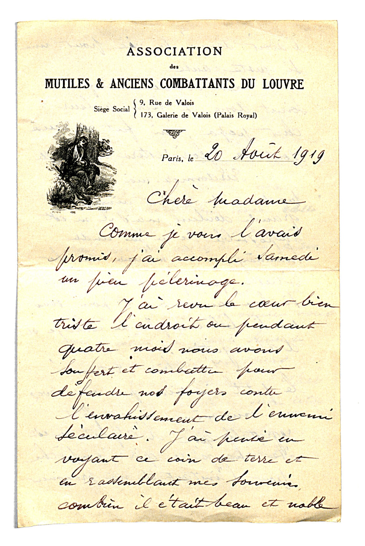 « J’ai accompli samedi un pieu pèlerinage » : lettre d’un camarade à la veuve de Joseph Witasse, 276e RI, mort pour la France le 19 décembre 1914. 20 août 1919. Archives nationales, 700AP/3/PA_015