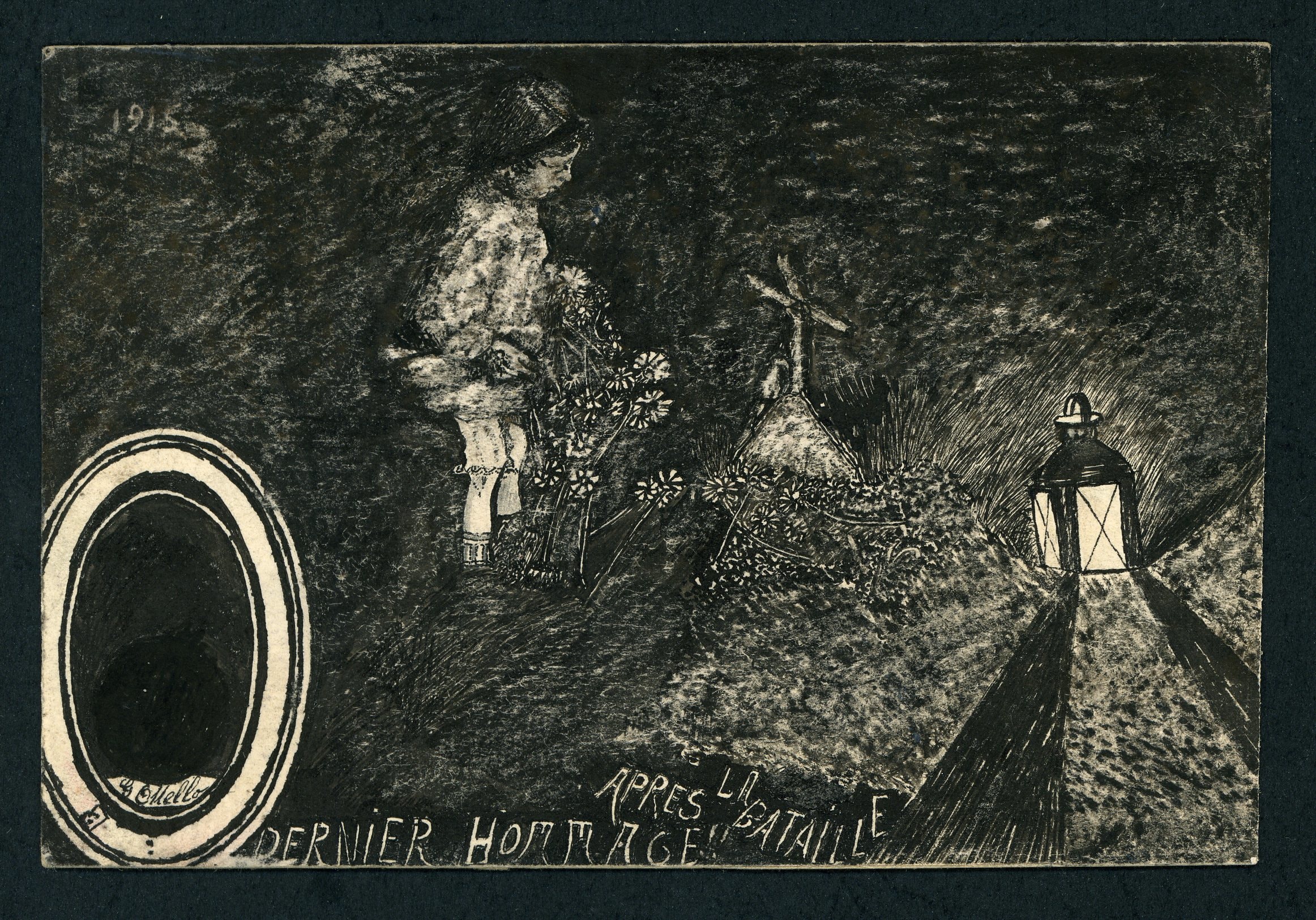 « Après la bataille, dernier hommage ». Dessin sur carte postale de Paul Gabriel Otello, 36e RIT. 1915. Archives nationales, 700AP/5/PA_102