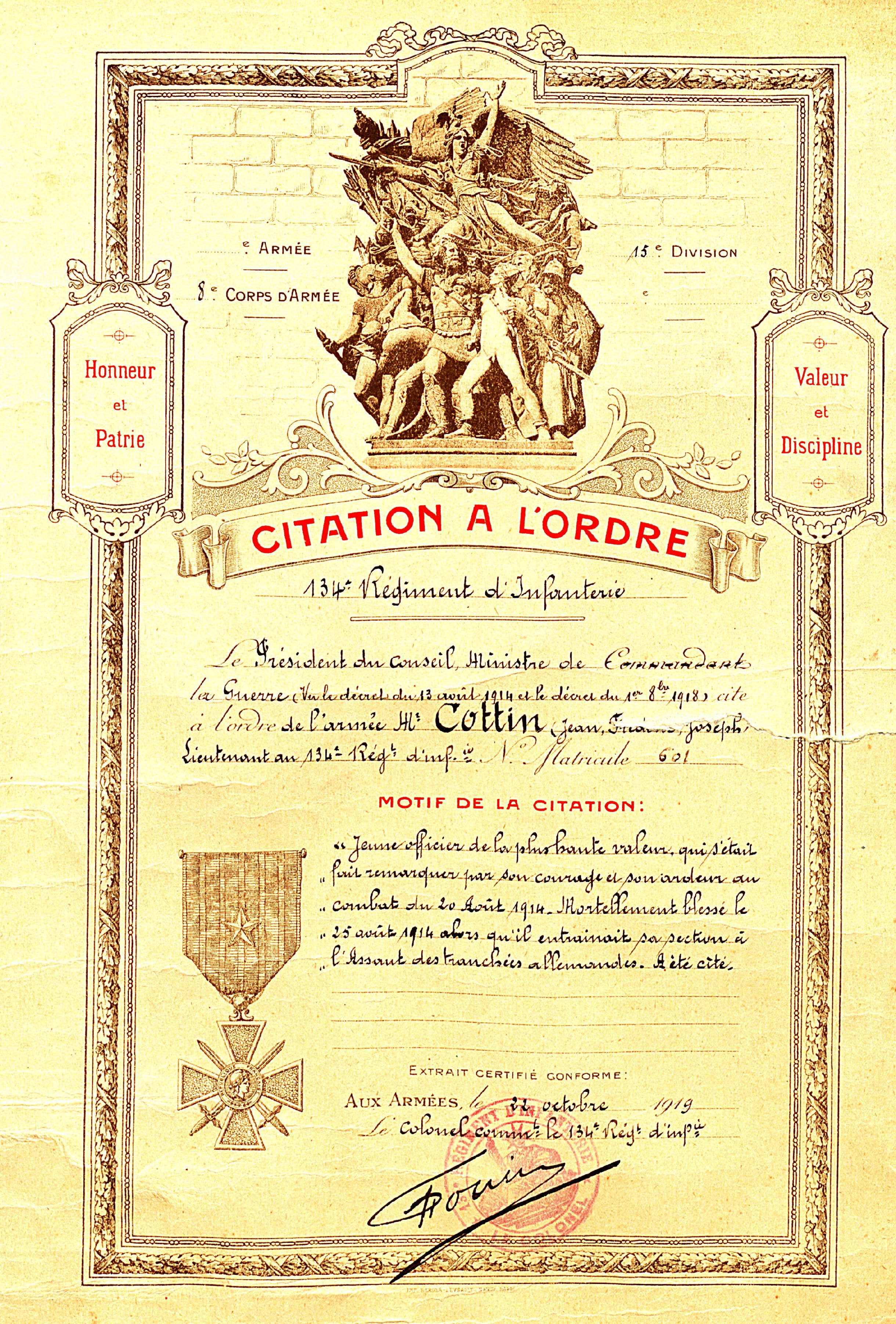 Citation à l’ordre du régiment au nom de Jean-François Cottin, 134e RI, mort pour la France le 25 août 1914. 22 octobre 1919. Archives nationales, 700AP/3/PA_052