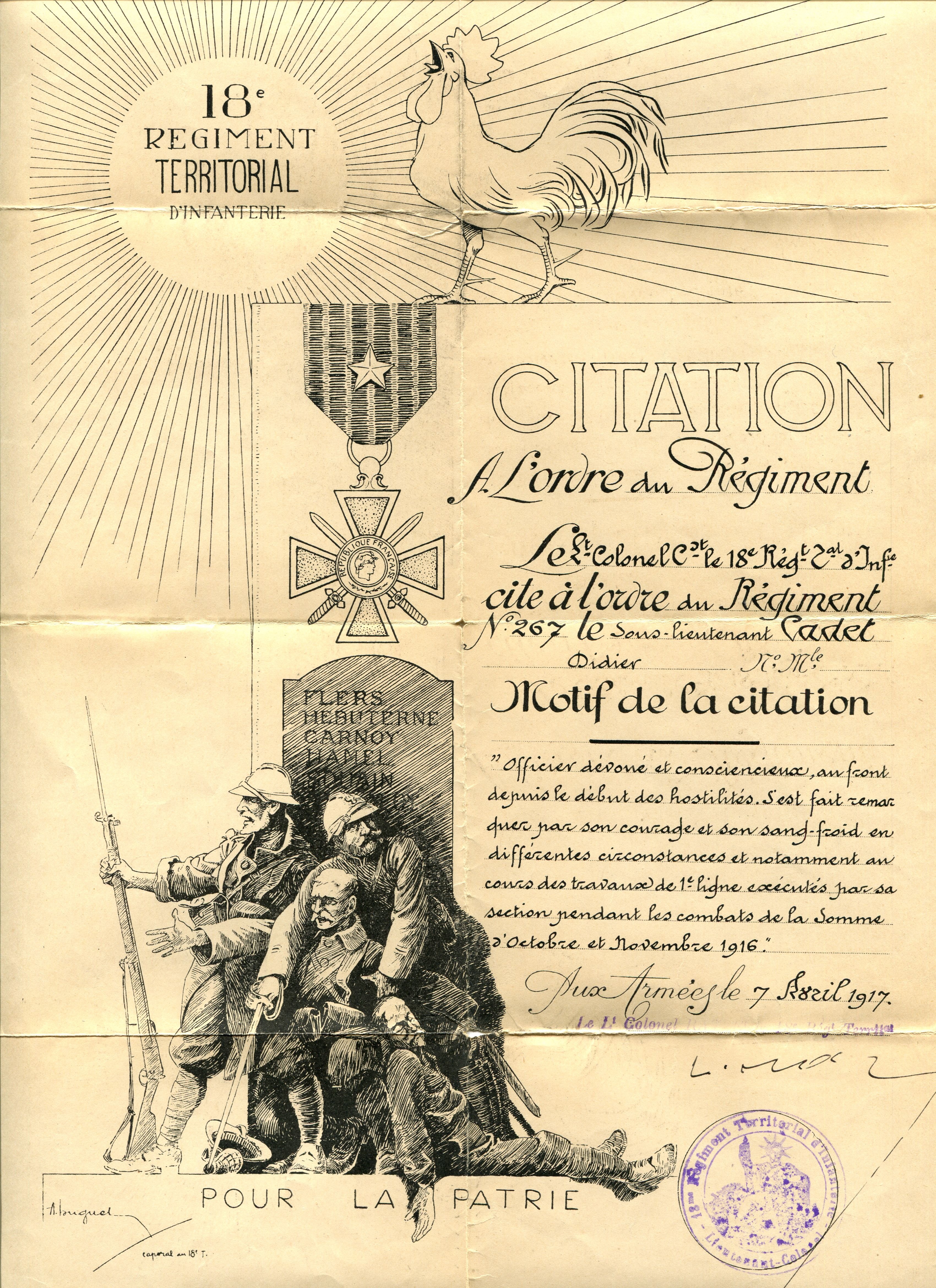 Citation à l’ordre du régiment du sous-lieutenant Didier Cadet, 18e RI. 7 avril 1917. Archives nationales, 700AP/13/PA_300
