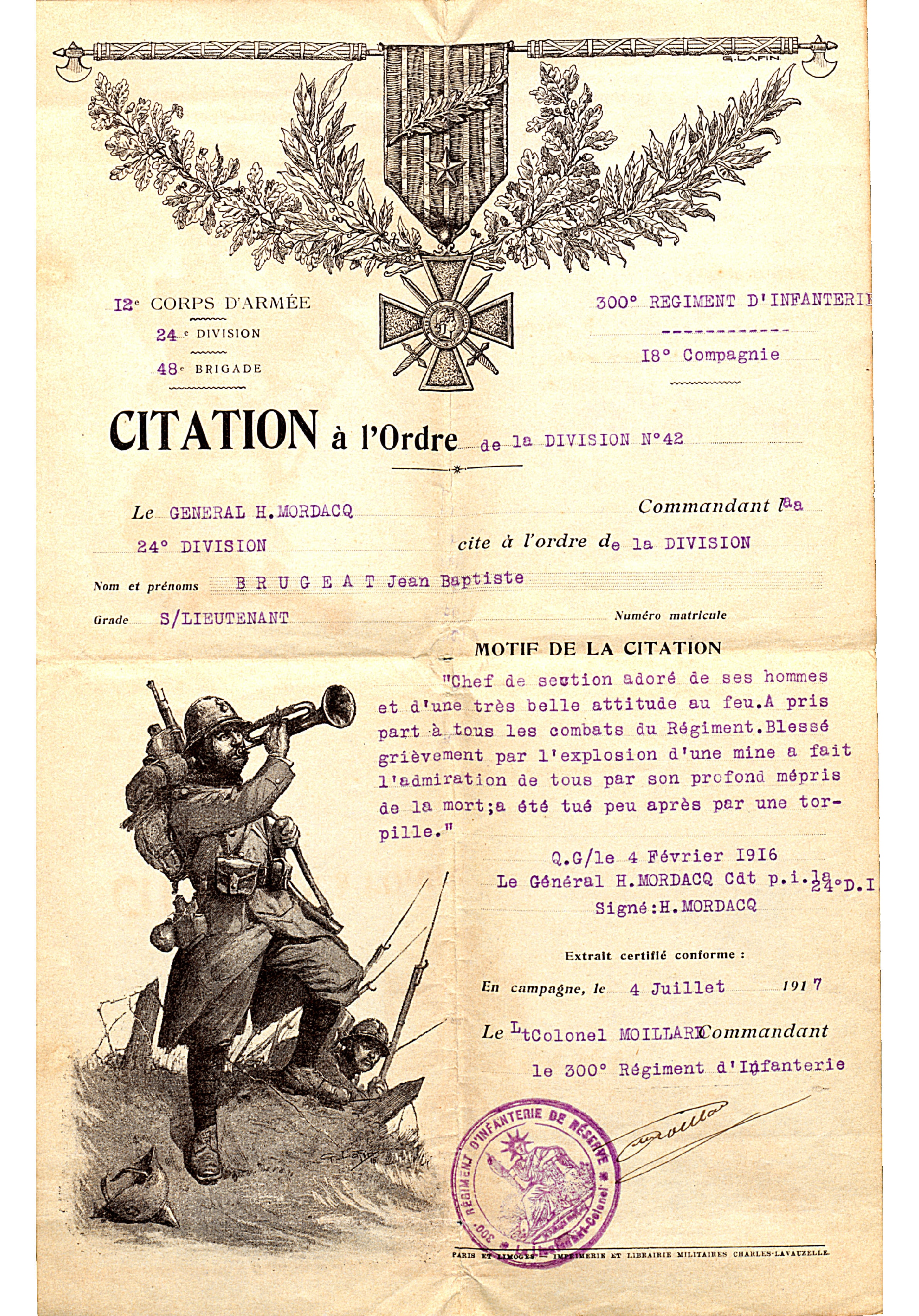 Citation à l’ordre de la division de Jean-Baptiste Brugeat, 300e RI, mort pour la France le 24 janvier 1916. 4 juillet 1917. Archives nationales, 700AP/4/PA_088