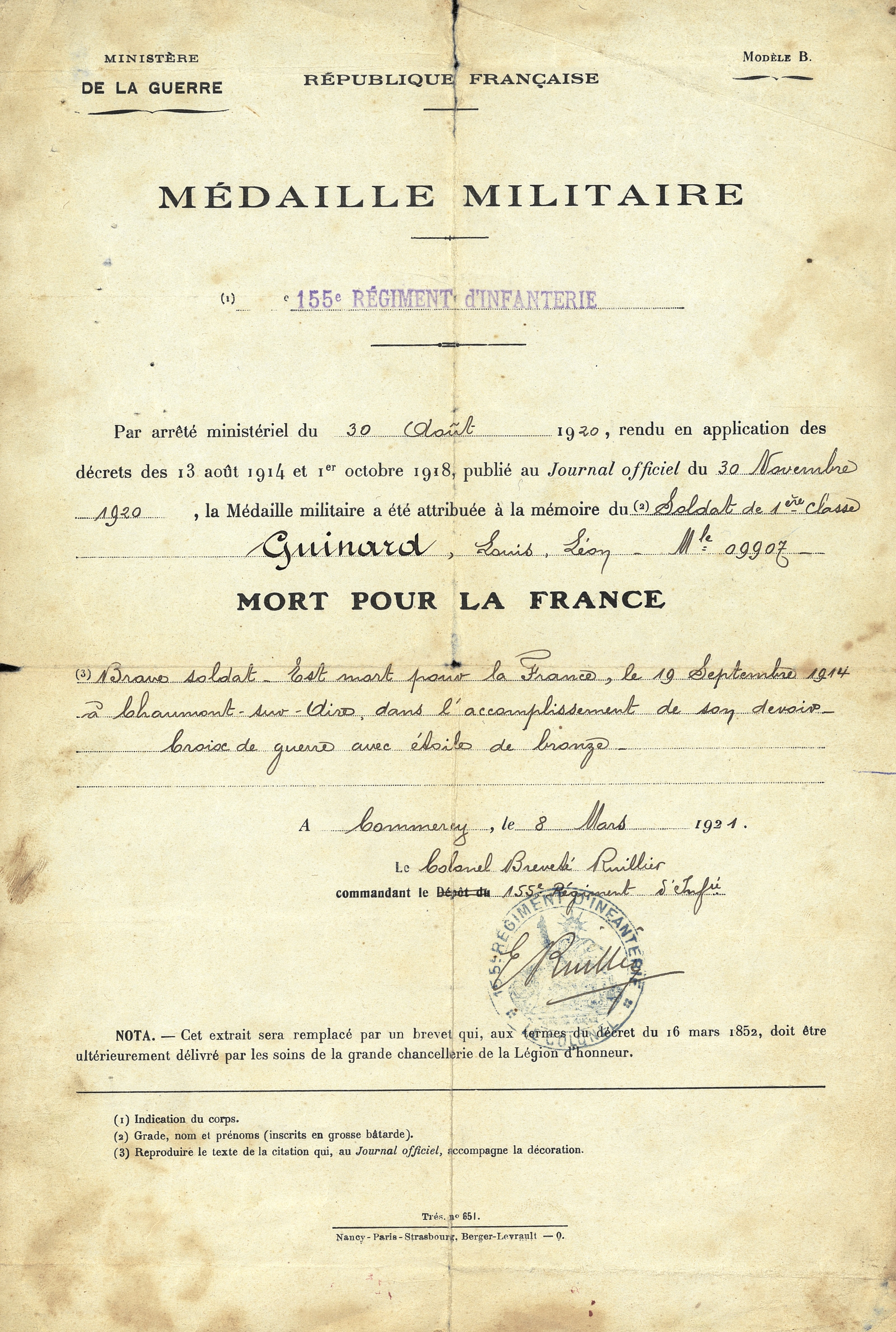 Attribution de la médaille militaire à Louis Guinard, 155e RI, mort pour la France le 19 septembre 1914. 8 mars 1921. Archives nationales, 700AP/3/PA_028