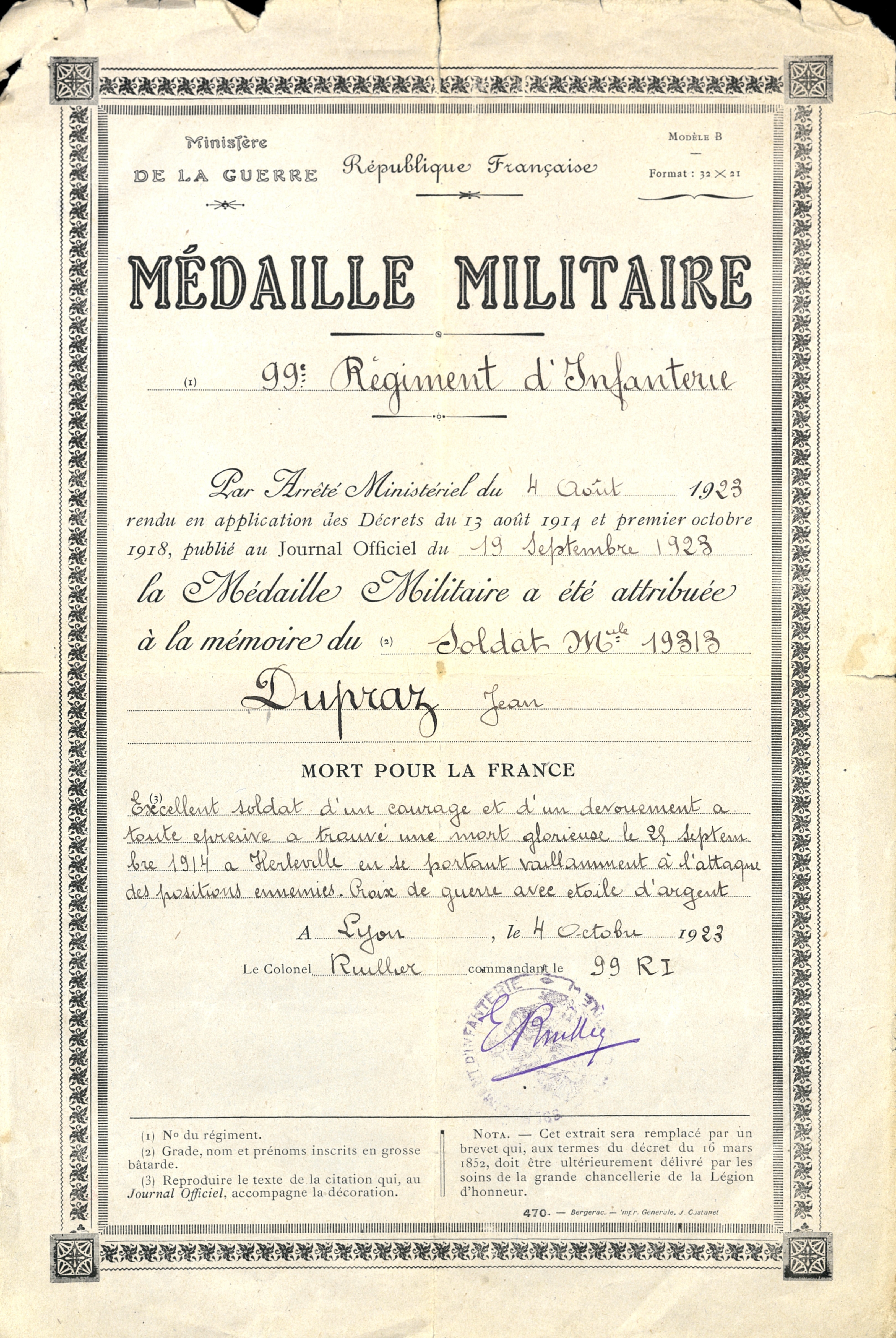 Attribution de la médaille militaire à Jean Dupraz, 99e RI, mort pour la France le 25 septembre 1914. 4 octobre 1923. Archives nationales, 700AP/15/PI_022