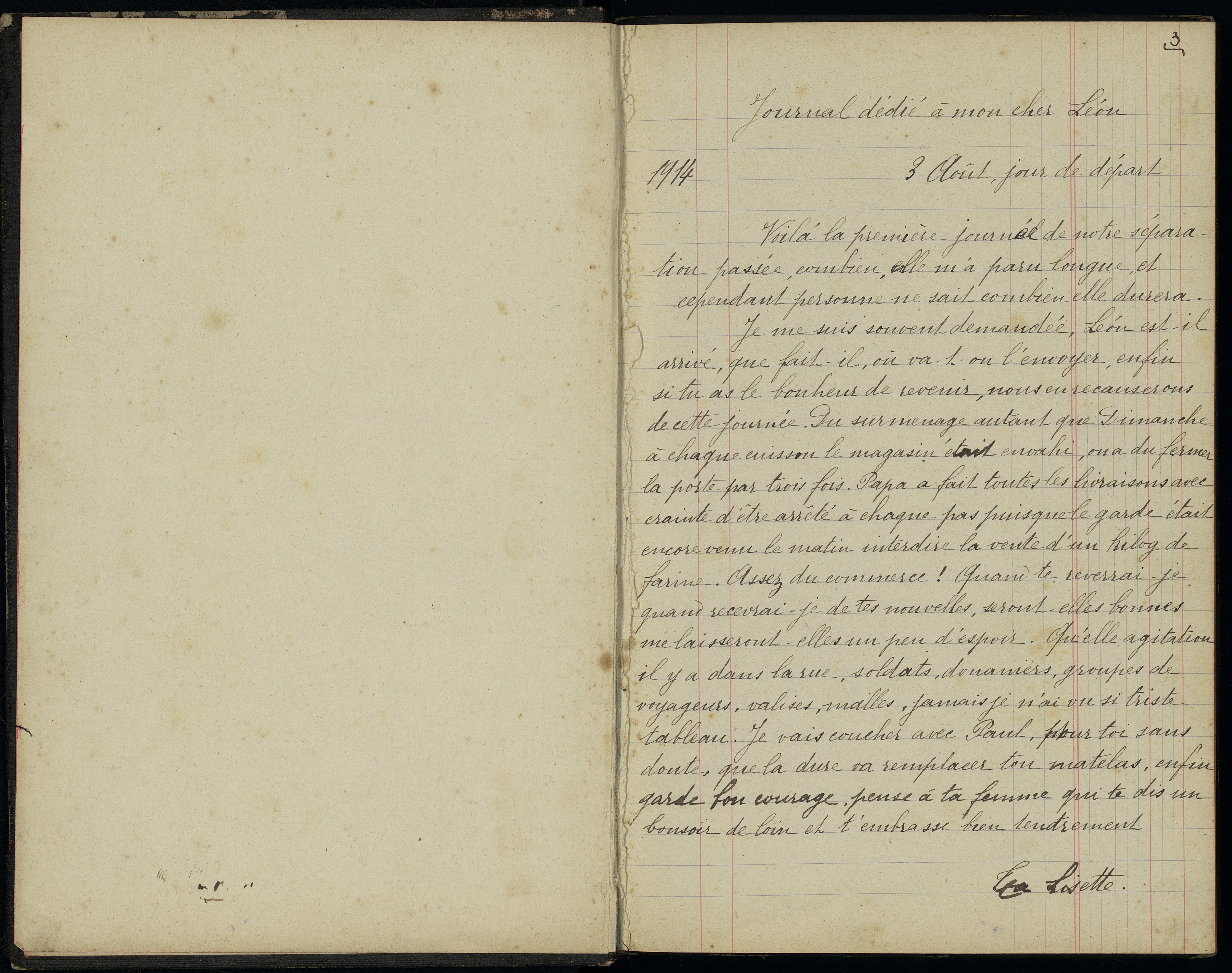 Carnet de Lucie Delsaux : « Journal dédié à mon cher Léon » (son fiancé, Léon Laurent, 364e RI). 3 août 1914-29 juin 1915. Archives nationales, 700AP/15/PI_021