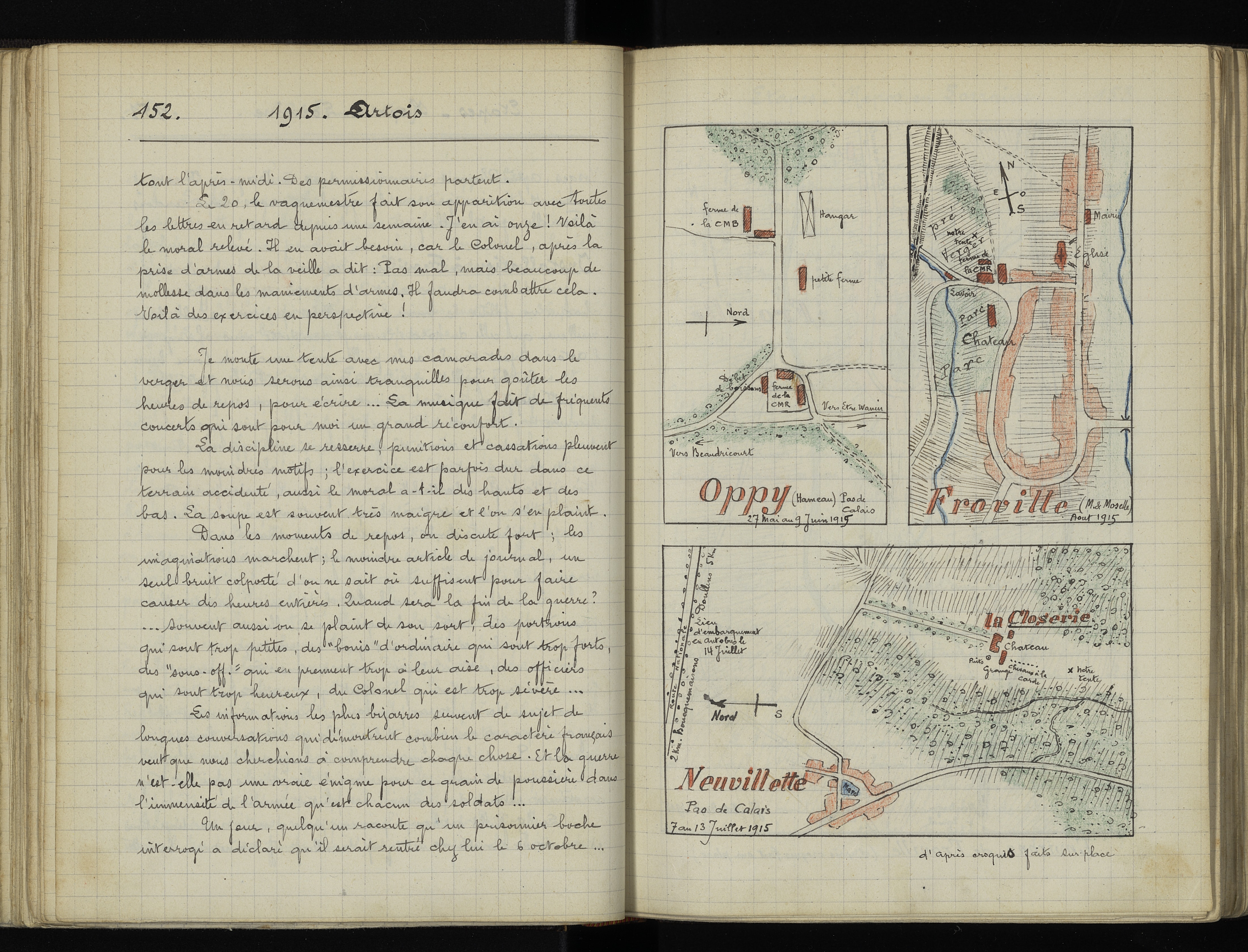 Plan de Neuvillette (Pas-de-Calais), en juillet 1915, « d’après croquis faits sur place », dans le carnet de « Souvenirs de guerre 1914-1919 » d’Albert Laborde, 160e RI. 1921. Archives nationales, 700AP/5/PA_123