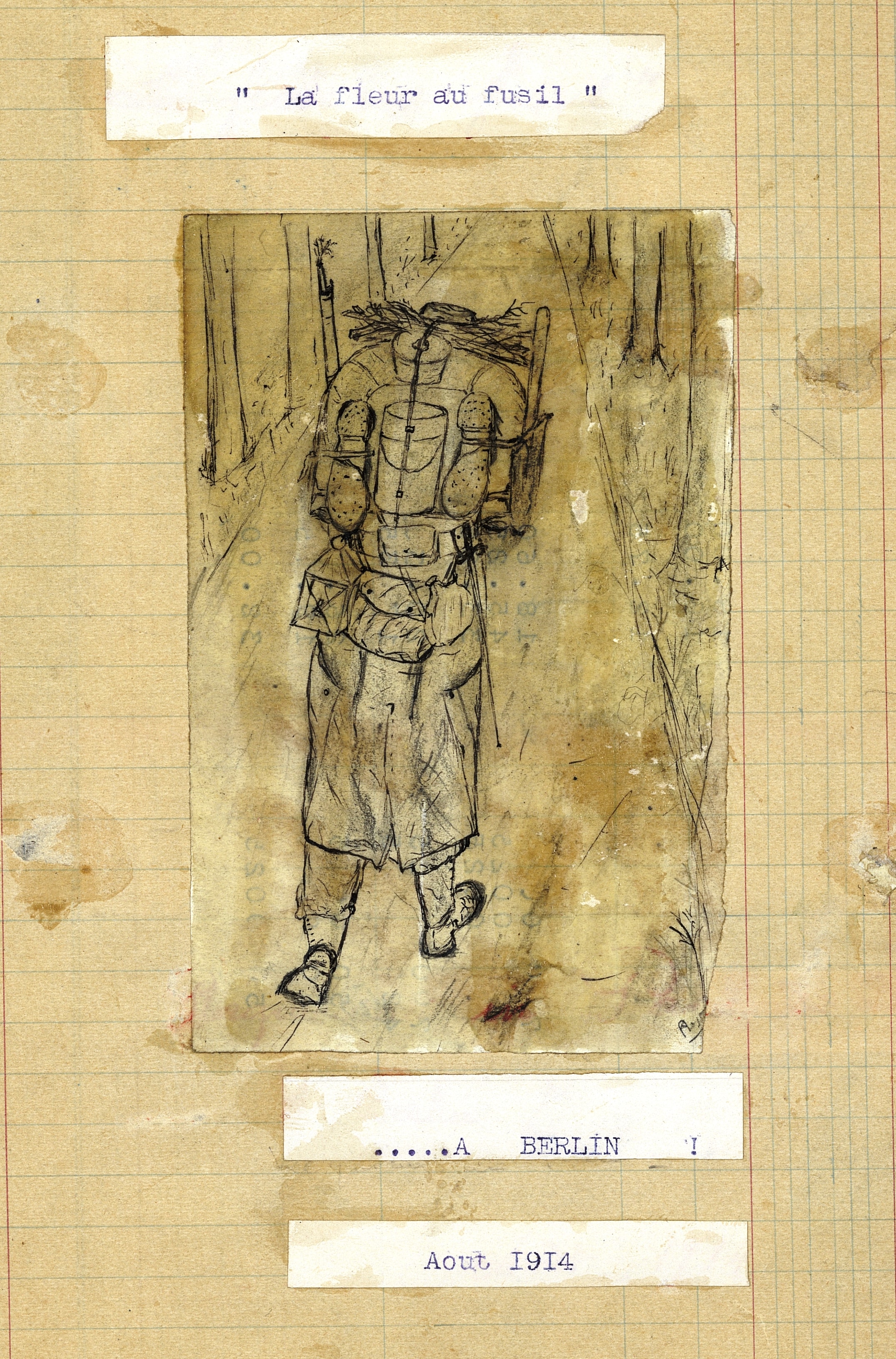 « La fleur au fusil. À Berlin. Août 1914 ». Carnet du caporal Roger Fantoullier. Sans date. Archives nationales, 700AP/3/PA_023