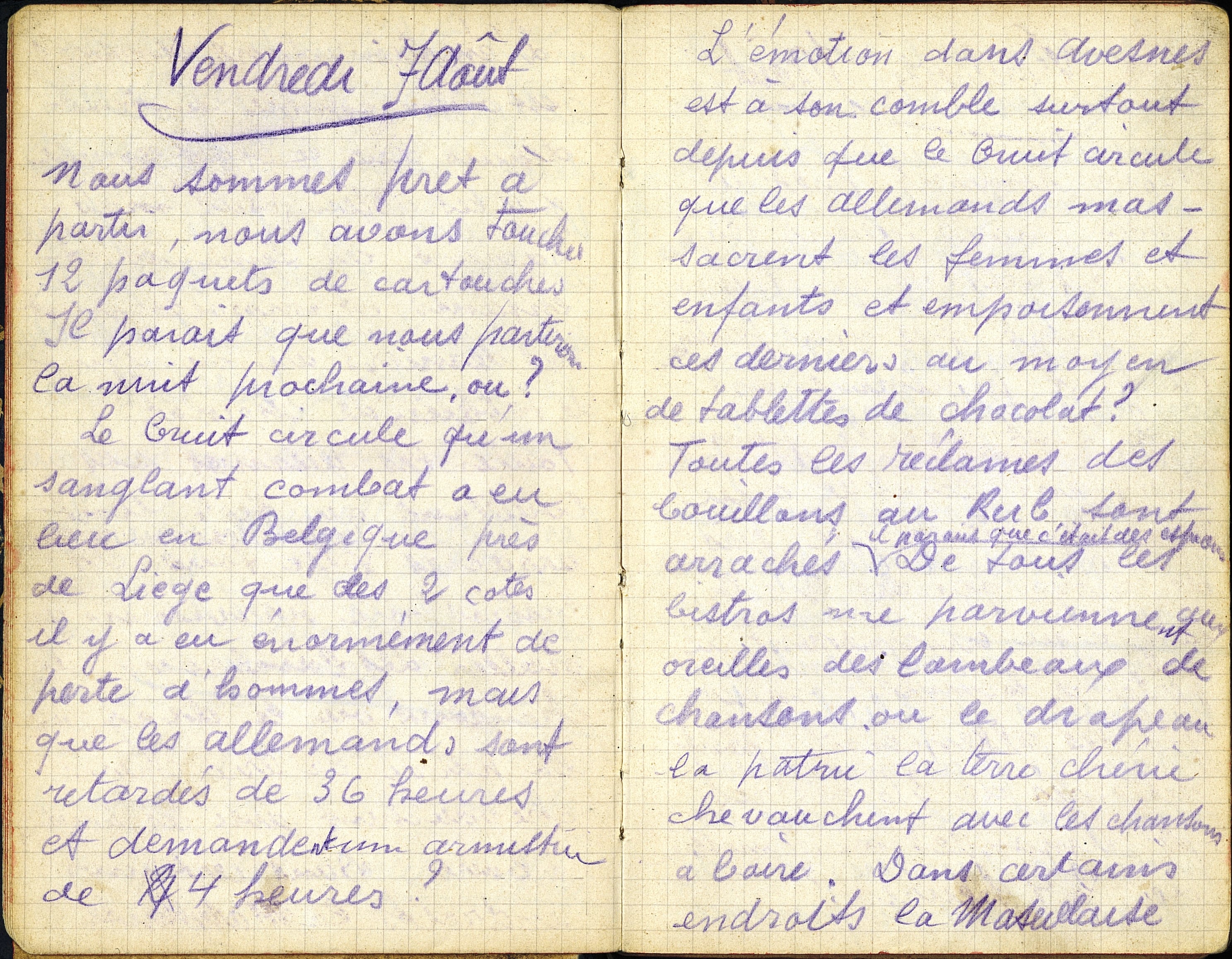 « Nous sommes prêts à partir ». Journal de Jérémie Thieffry, 284e RI, de Lille (Nord), à la date du 7 août 1914. Archives nationales, 700AP/3/PA_023/1