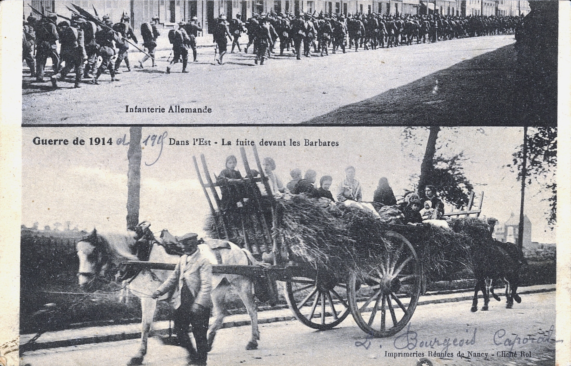 « La fuite devant les Barbares ». Carte postale (détail) envoyée par Léon Bourgeois. 1915. Archives nationales, 700AP/3/PA_034