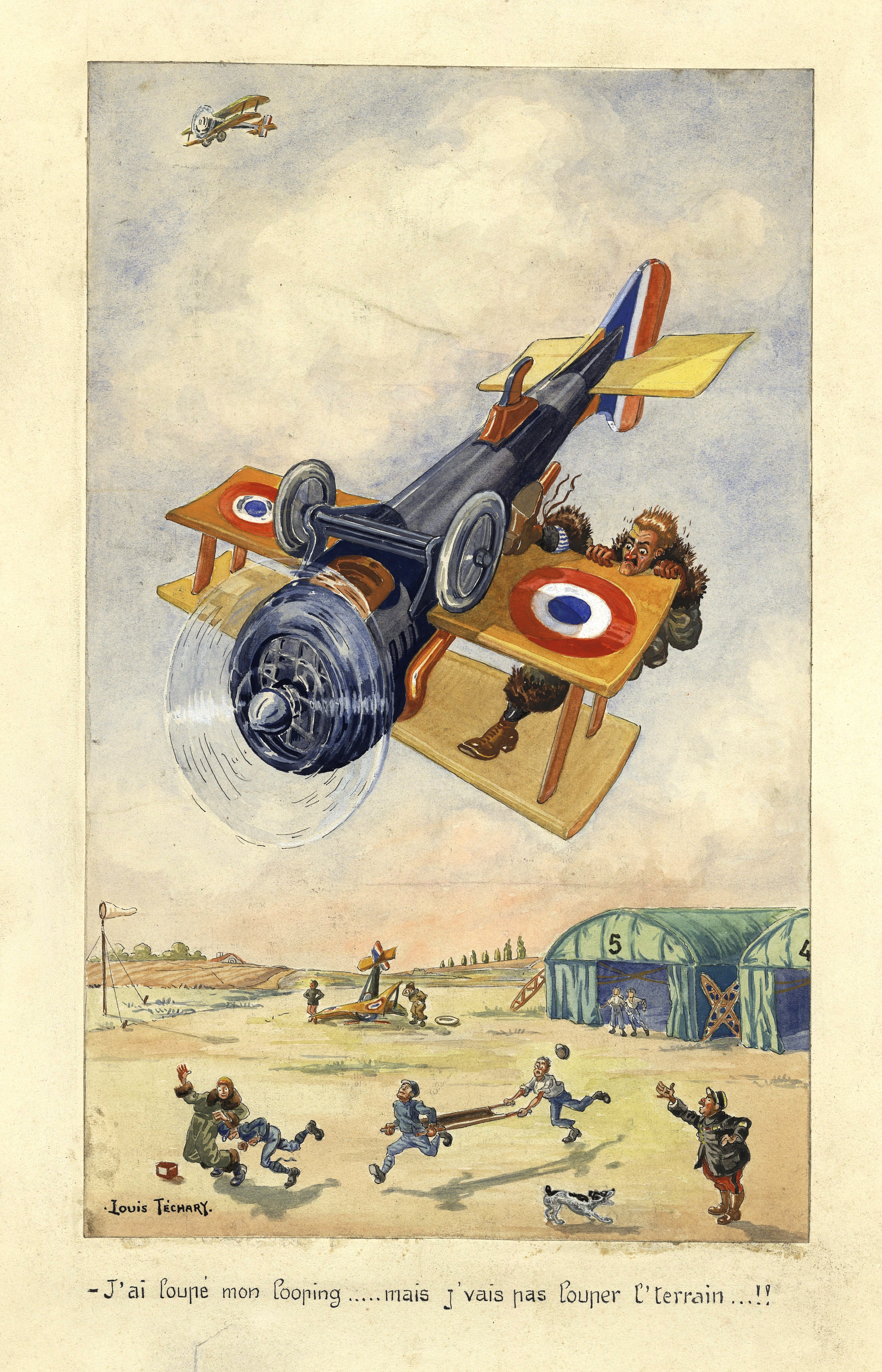 « J’ai loupé mon looping … mais j’vais pas louper le terrain ». Aquarelle de Louis Techary représentant l'accident de l’aviateur André-Louis Guay. Sans date. Archives nationales, 700AP/9/PA_218