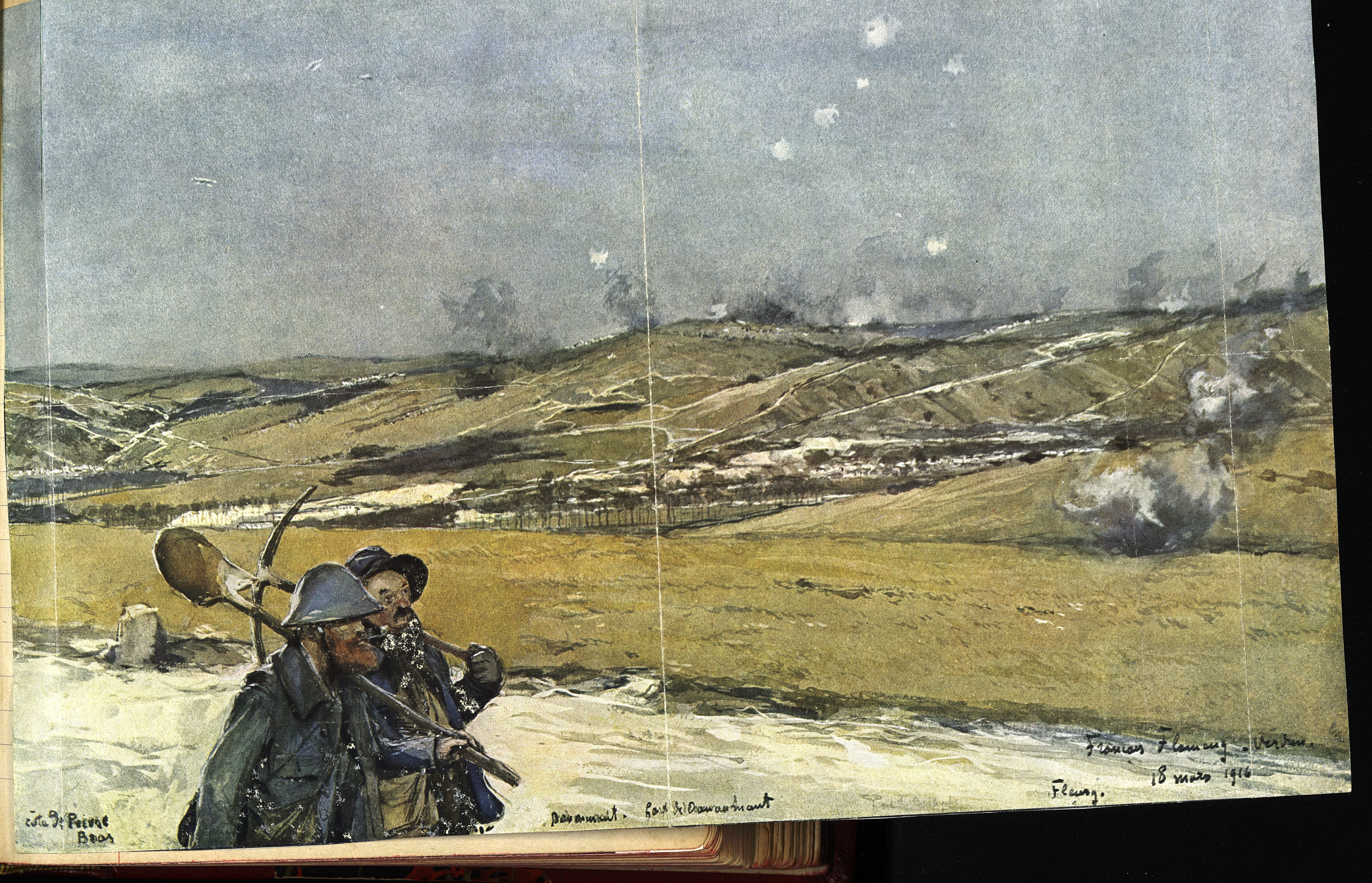 Soldats à Douaumont (Meuse), à l’arrière des lignes. Dessin de François Flameng dans le carnet de Roger Marie-Joseph Le Moing, 116e RI, à la date du 28 mars 1916. Archives nationales, 700AP/14/PA_344