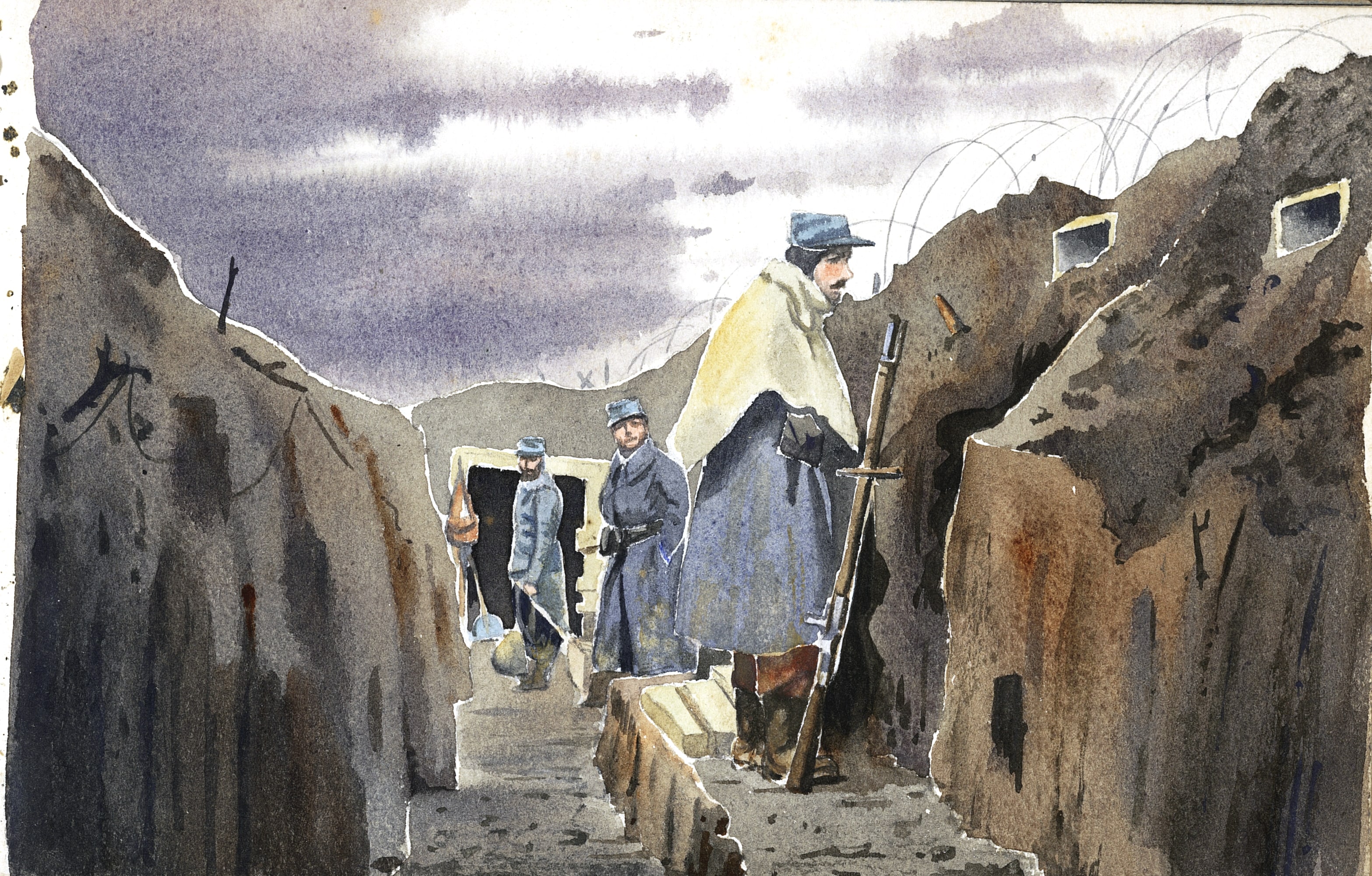 Soldat faisant le guet dans une tranchée à Carency (Pas-de-Calais). Dessin du lieutenant Hubert de Monbrison, 1er Cuirassés. Février 1915. Archives nationales, 700AP/5/PA_097