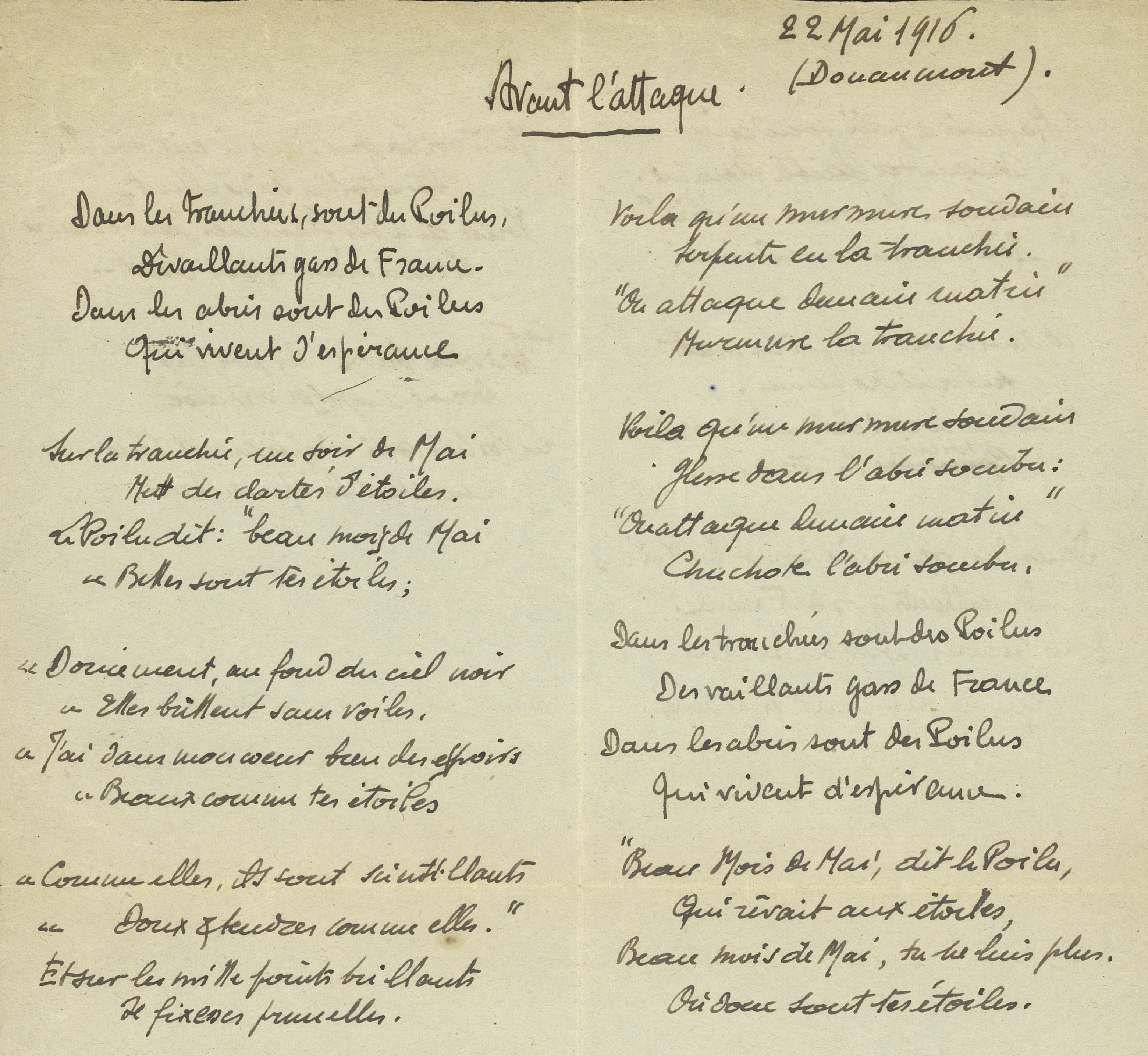 « Avant l’attaque ». Poème de Jacques Michaut. Douaumont (Meuse), 22 mai 1916. Archives nationales, 700AP/5/PA_122