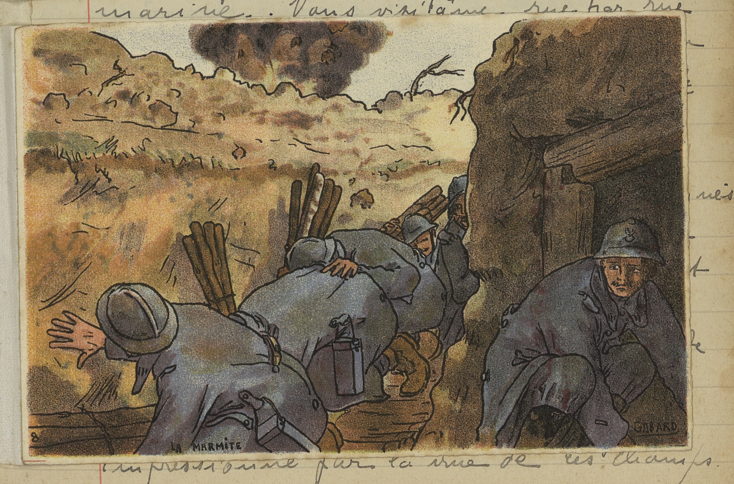 Tir d’obus au-dessus d’une tranchée. Dessin de Gabard dans le carnet de Roger Marie-Joseph Le Moing, à la date du 28 janvier 1917. Archives nationales, 700AP/14/PA_344