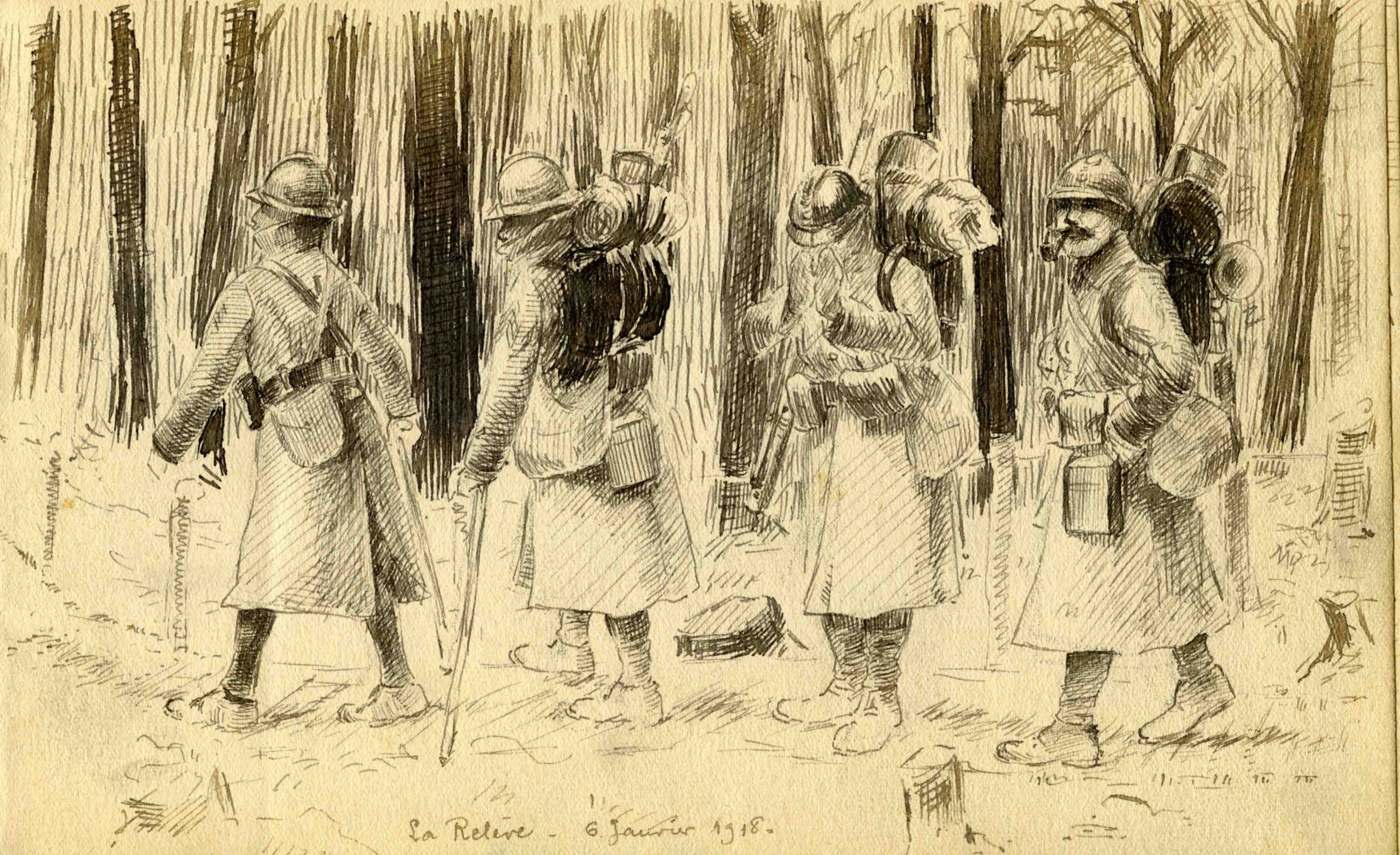 La relève. Dessin du capitaine Charles Le Proux de La Rivière, 140e RI. 6 janvier 1918. Archives nationales, 700AP/22/PI_063