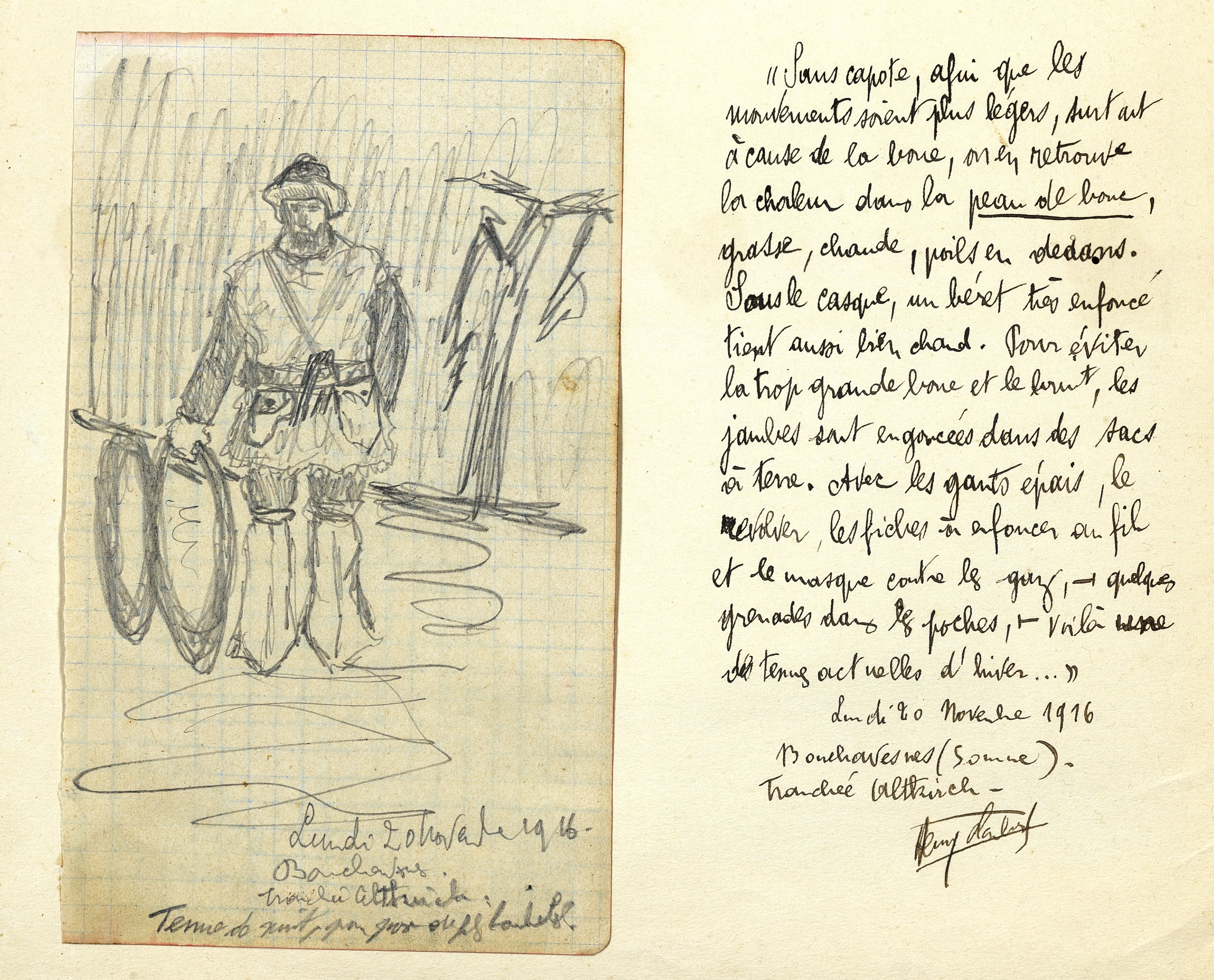 « Tenue de nuit pour pose de barbelés ». Dessin d’Henri Lambert, 66e RI, tranchée Altkirch à Bouchavesnes (Somme). 20 novembre 1916. Archives nationales, 700AP/13/PA_324
